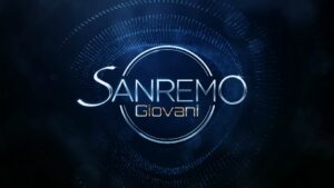 Textlogo von Sanremo Giovani auf dunkelblauem Hintergrund