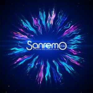 Schriftzug Sanremo 2022, 72° Festival della Canzone Italiana, kreisförmig umgeben von flammenartigen Farbverläufen im blau-violetten Spektrum