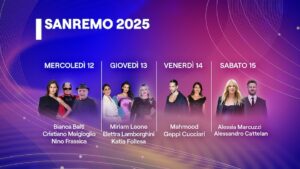 Übersicht über die Komoderator:innen des Sanremo-Festivals 2025 von Mittwoch bis Samstag: Bianca Balti, Nino Frassica, Cristiano Malgioglio; Katia Follesa, Elettra Lamborghini, Miriam Leone; Geppi Cucciari, Mahmood; Alessandro Cattelan, Alessia Marcuzzi.