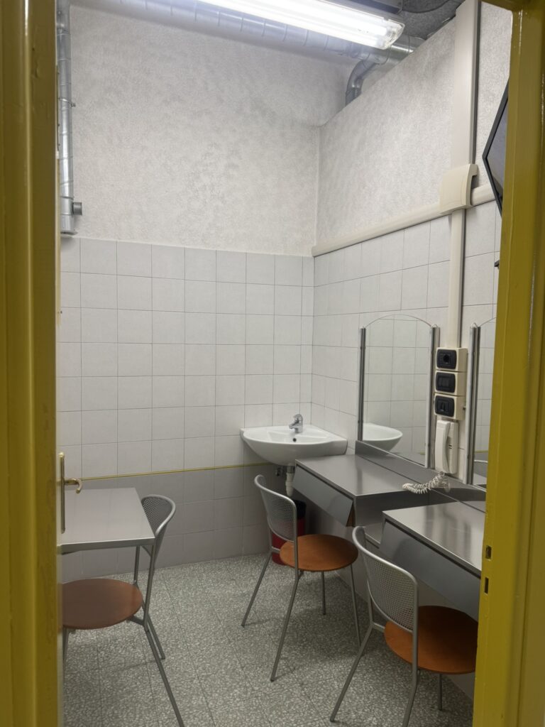 Ansicht einer Umkleide im Ariston-Theater. Die enge Zelle ist karg eingerichtet, drei Stühle stehen vor drei kleinen Tischen mit Spiegeln, dazwischen hängt eine Fernsprechanlage an der verfliesten Wand.